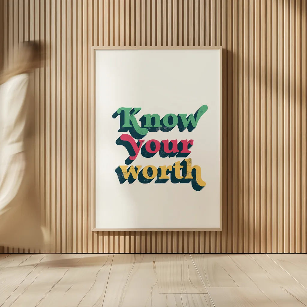 Rainbow Know Your Worth Bold by Becky Thorns. shown as over sized large wall art. Available as an archival giclee rolled canvas, fine art paper, or poster print. SKU 65217h.