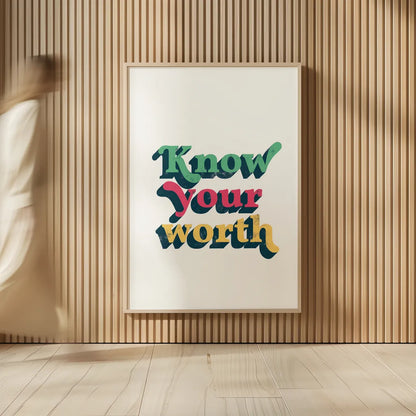 Rainbow Know Your Worth Bold by Becky Thorns. shown as over sized large wall art. Available as an archival giclee rolled canvas, fine art paper, or poster print. SKU 65217h.