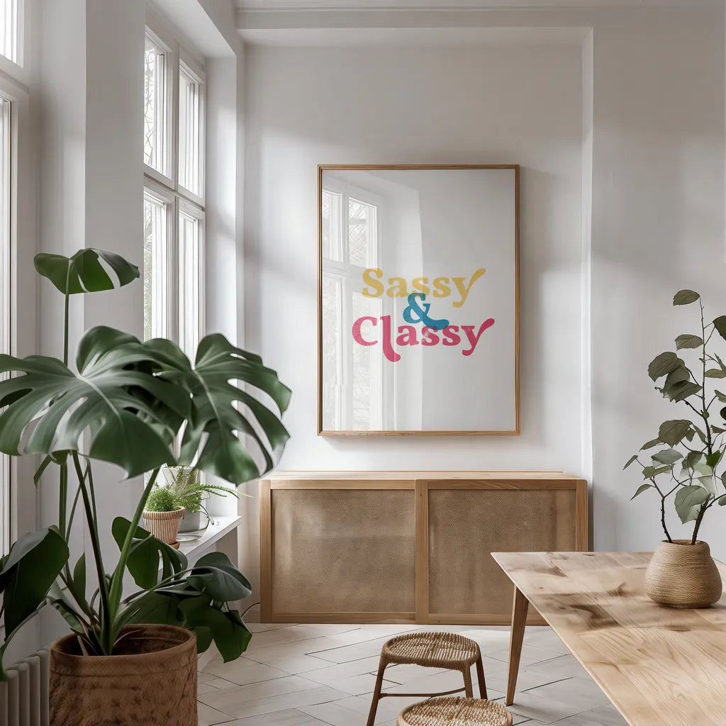 Rainbow Sassy and Classy by Becky Thorns. shown as a print in a natural wood frame in a dining room. Available as a archival giclee rolled canvas, fine art paper, or poster print. SKU 65203h.