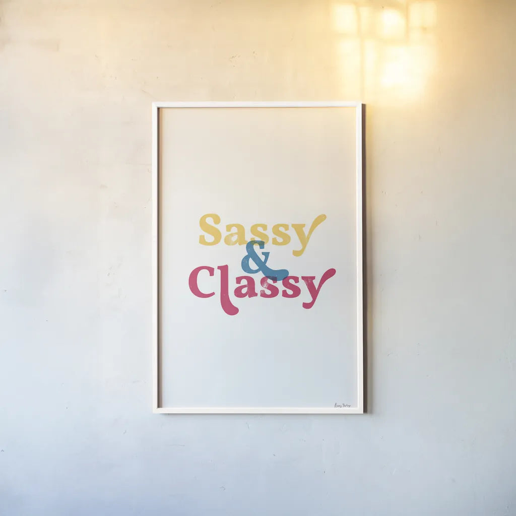 Rainbow Sassy and Classy by Becky Thorns. shown as a paper print in a white frame. Available as a archival giclee rolled canvas, fine art paper, or poster print. SKU 65203h.