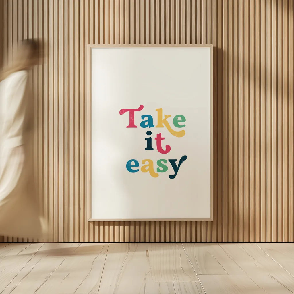 Rainbow Take it Easy by Becky Thorns. shown as over sized large wall art. Available as an archival giclee rolled canvas, fine art paper, or poster print. SKU 65208h.