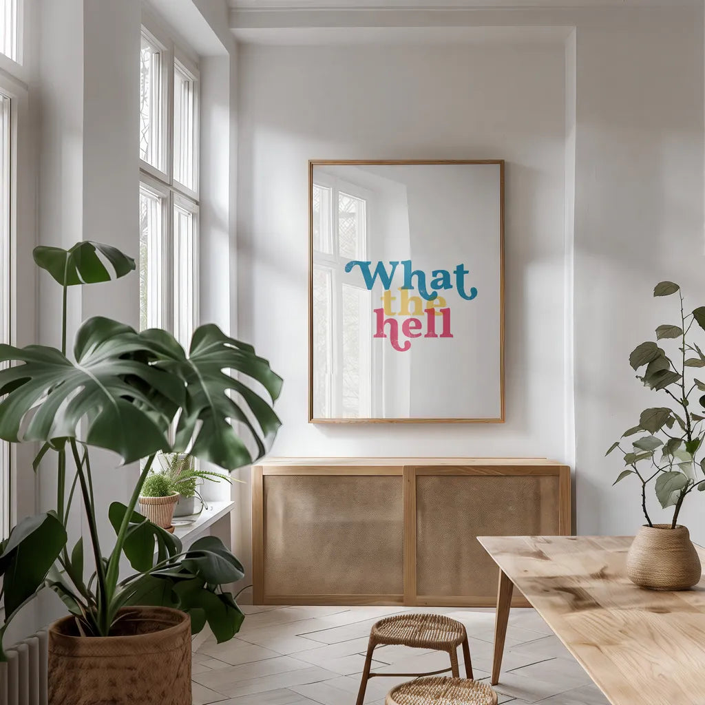Rainbow What The by Becky Thorns. shown as a print in a natural wood frame in a dining room. Available as a archival giclee rolled canvas, fine art paper, or poster print. SKU 65205h.