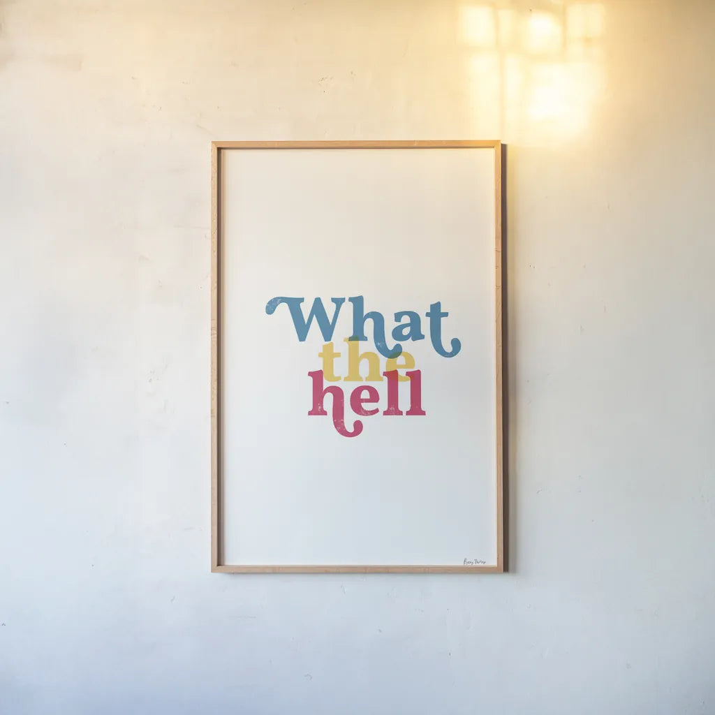 Rainbow What The by Becky Thorns. shown as a paper print in a natural frame. Available as a archival giclee rolled canvas, fine art paper, or poster print. SKU 65205h.