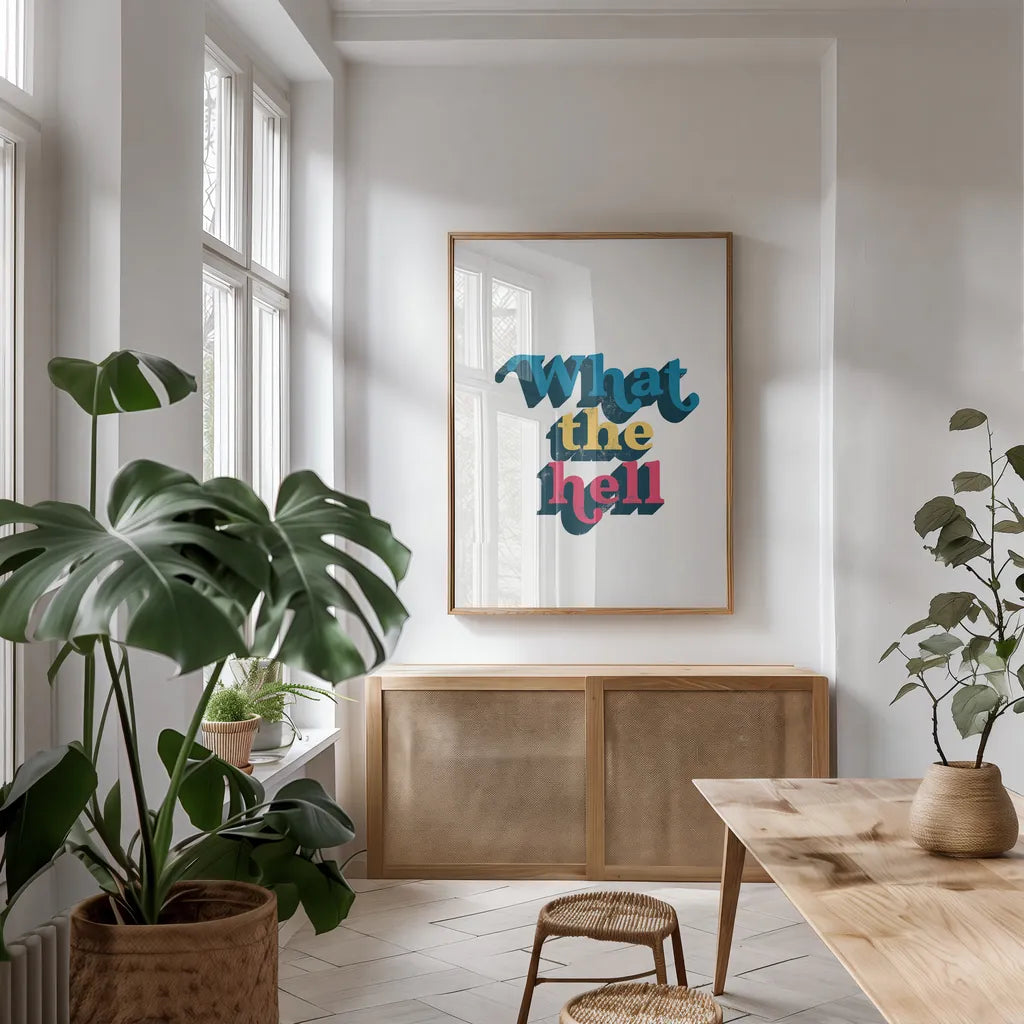 Rainbow What The Bold by Becky Thorns. shown as a print in a natural wood frame in a dining room. Available as a archival giclee rolled canvas, fine art paper, or poster print. SKU 65218h.