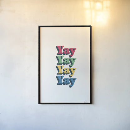 Rainbow Yay Bold by Becky Thorns. shown as a paper print in a black flame. Available as a archival giclee rolled canvas, fine art paper, or poster print. SKU 65211h.