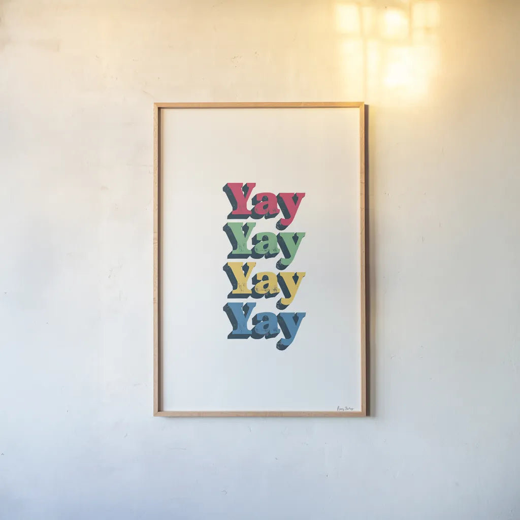 Rainbow Yay Bold by Becky Thorns. shown as a paper print in a natural frame. Available as a archival giclee rolled canvas, fine art paper, or poster print. SKU 65211h.