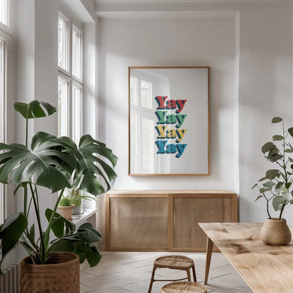 Rainbow Yay Bold Red by Becky Thorns. shown as a print in a natural wood frame in a dining room. Available as a archival giclee rolled canvas, fine art paper, or poster print. SKU 78475h.