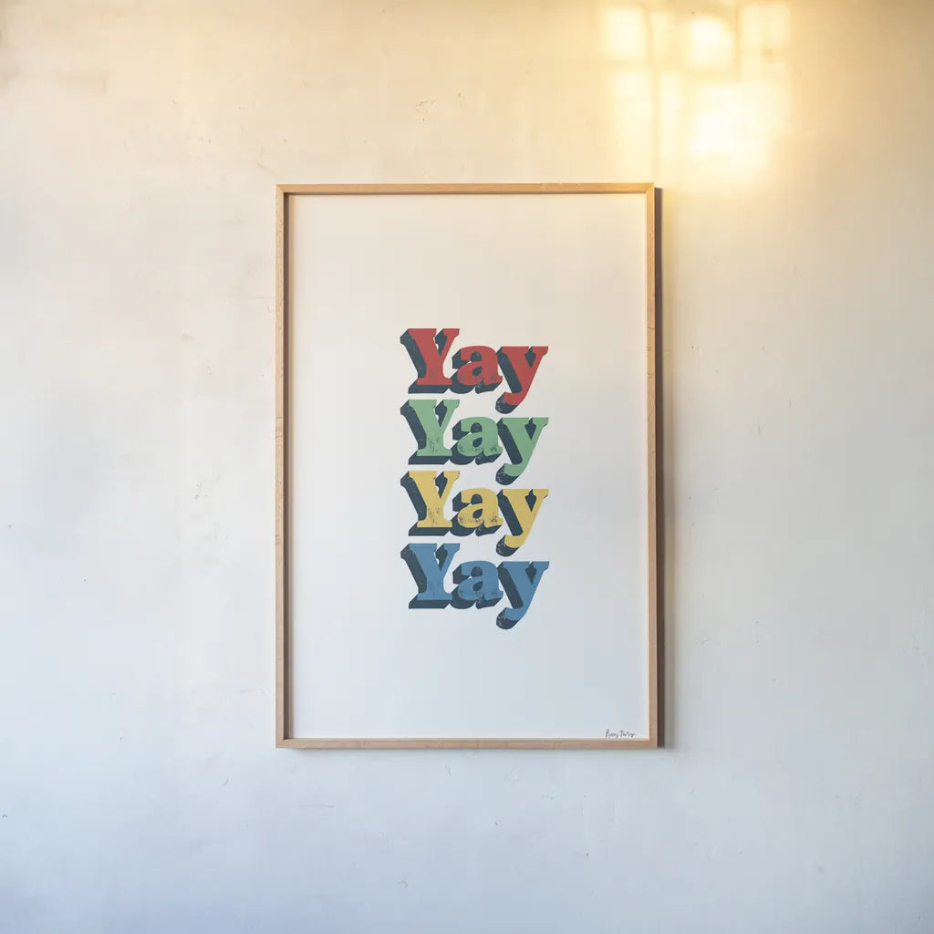 Rainbow Yay Bold Red by Becky Thorns. shown as a paper print in a natural frame. Available as a archival giclee rolled canvas, fine art paper, or poster print. SKU 78475h.