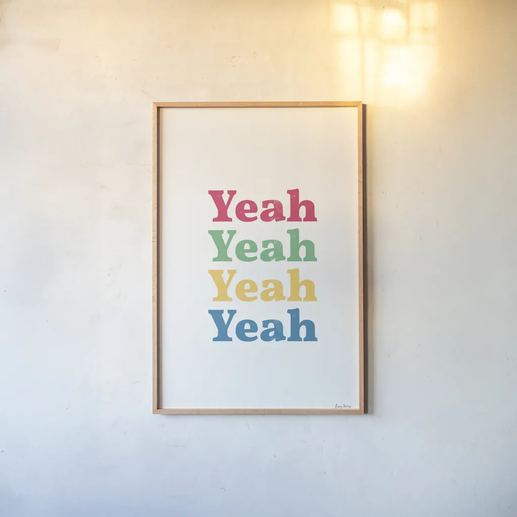 Rainbow Yeah by Becky Thorns. shown as a paper print in a natural frame. Available as a archival giclee rolled canvas, fine art paper, or poster print. SKU 65200h.