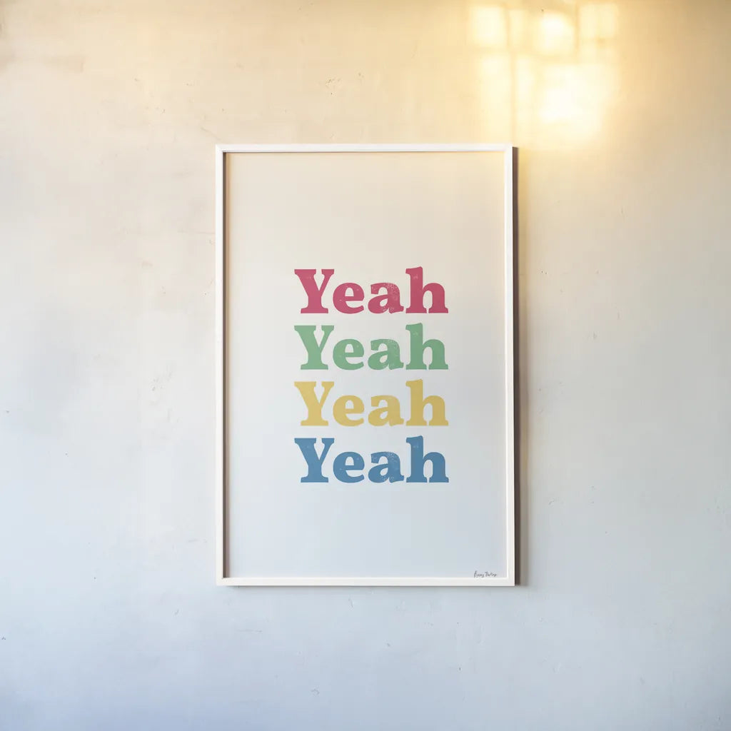 Rainbow Yeah by Becky Thorns. shown as a paper print in a white frame. Available as a archival giclee rolled canvas, fine art paper, or poster print. SKU 65200h.