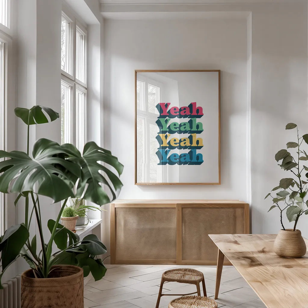 Rainbow Yeah Bold by Becky Thorns. shown as a print in a natural wood frame in a dining room. Available as a archival giclee rolled canvas, fine art paper, or poster print. SKU 65212h.