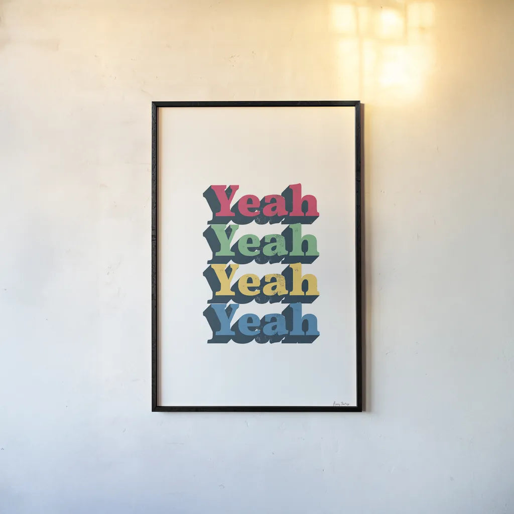 Rainbow Yeah Bold by Becky Thorns. shown as a paper print in a black flame. Available as a archival giclee rolled canvas, fine art paper, or poster print. SKU 65212h.