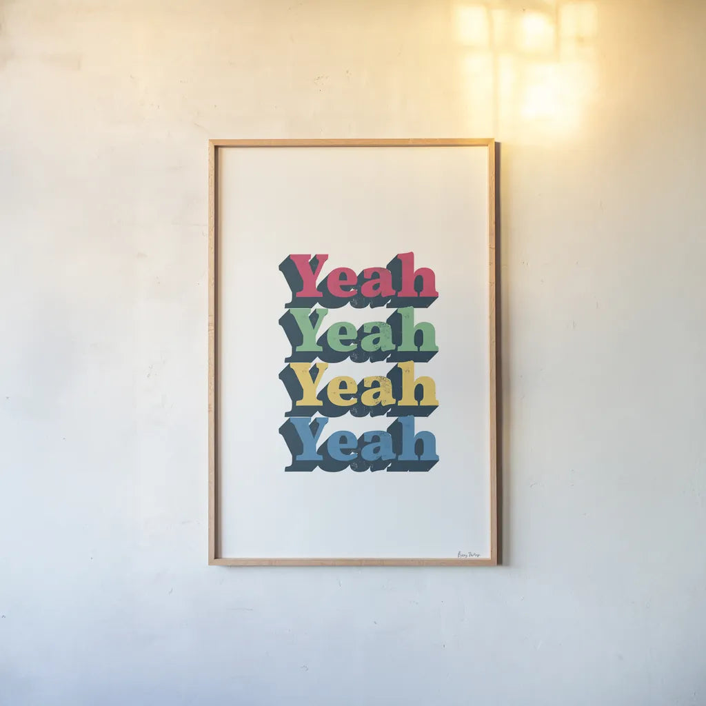 Rainbow Yeah Bold by Becky Thorns. shown as a paper print in a natural frame. Available as a archival giclee rolled canvas, fine art paper, or poster print. SKU 65212h.