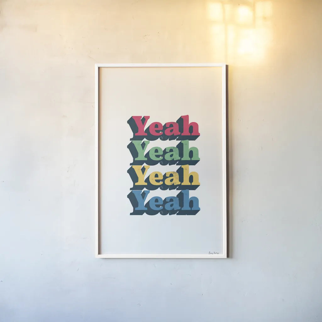 Rainbow Yeah Bold by Becky Thorns. shown as a paper print in a white frame. Available as a archival giclee rolled canvas, fine art paper, or poster print. SKU 65212h.