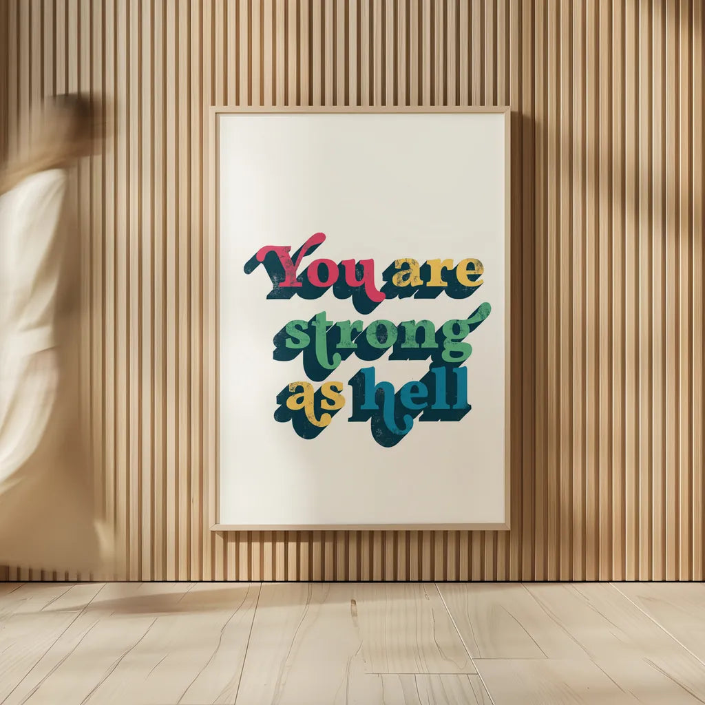 Rainbow You Are Strong Bold by Becky Thorns. shown as over sized large wall art. Available as an archival giclee rolled canvas, fine art paper, or poster print. SKU 65215h.