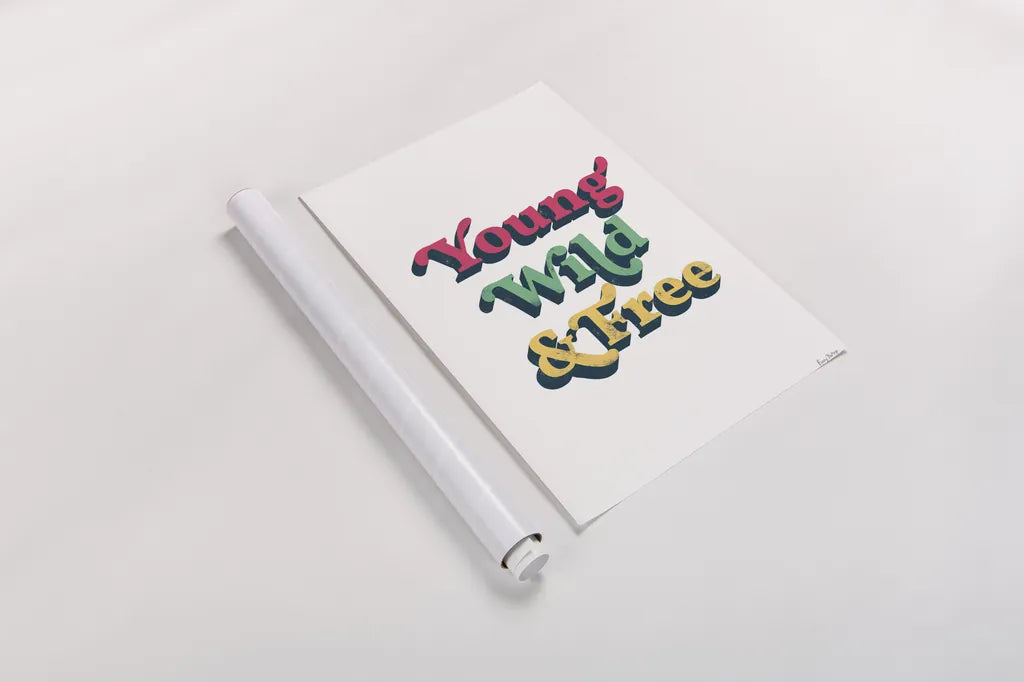 Rainbow Young Wild and Free Bold by Becky Thorns. shown as a rolled paper print. Available as archival giclee rolled canvas, fine art paper, or poster print. SKU 65219h.