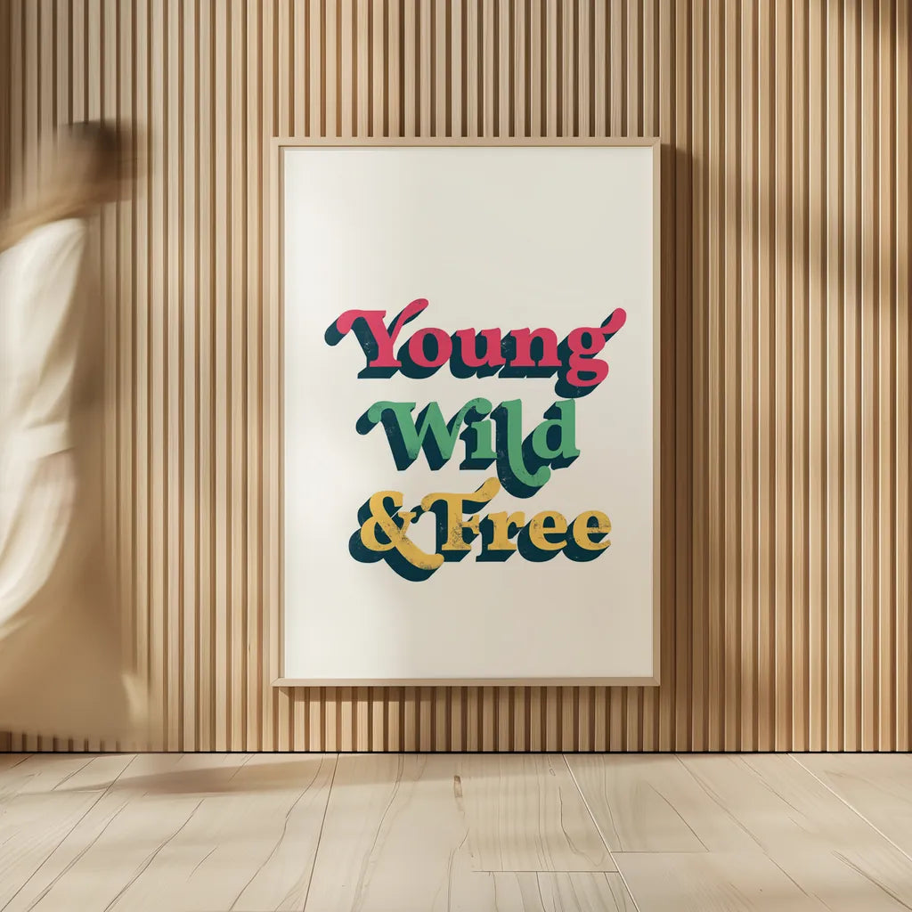 Rainbow Young Wild and Free Bold by Becky Thorns. shown as over sized large wall art. Available as an archival giclee rolled canvas, fine art paper, or poster print. SKU 65219h.