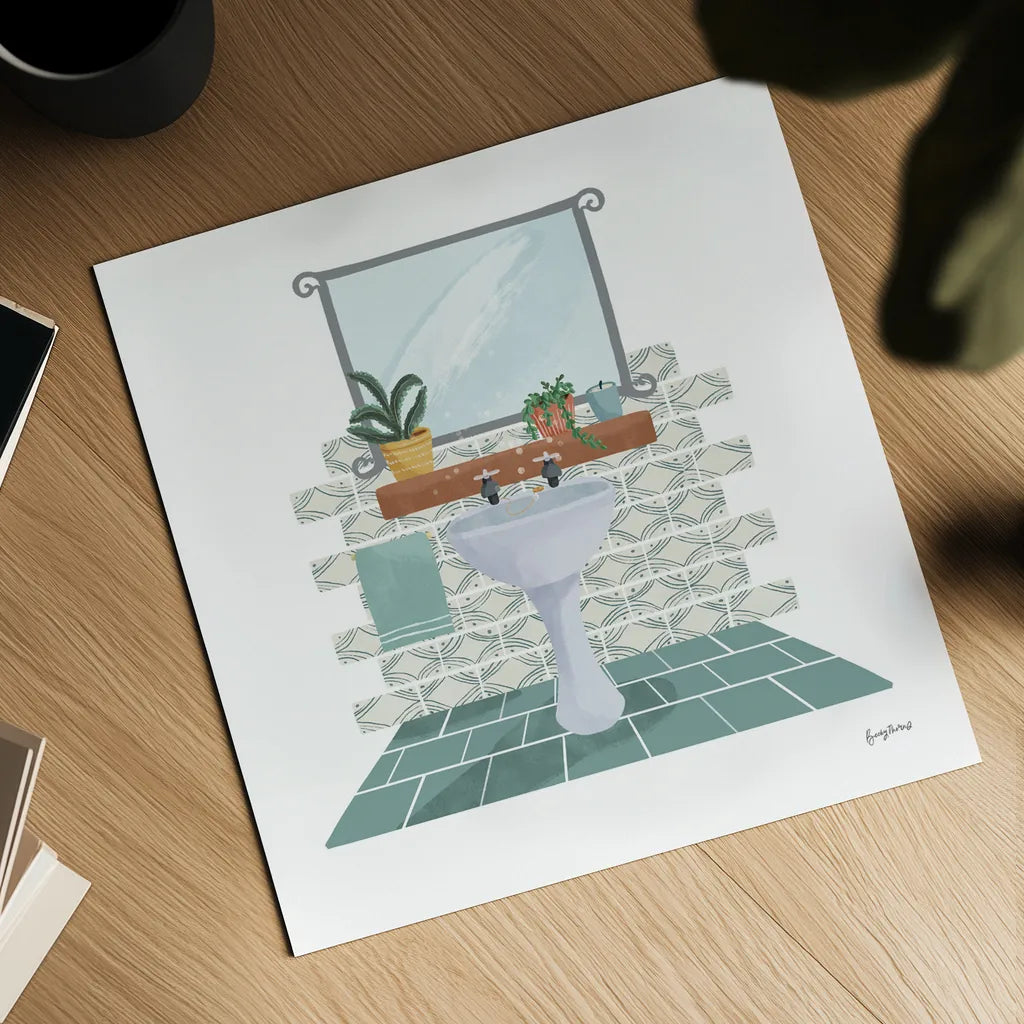 Relaxing Bathroom I by Becky Thorns. Shown as a detailed flat fine art print, highlighting archival giclee quality. Available as an archival giclee rolled canvas, fine art paper, or poster print. SKU 77313a.