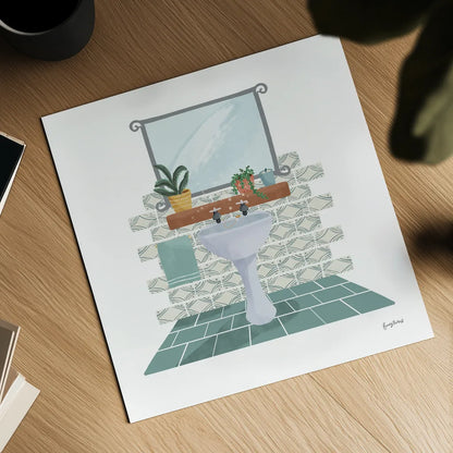 Relaxing Bathroom I by Becky Thorns. Shown as a detailed flat fine art print, highlighting archival giclee quality. Available as an archival giclee rolled canvas, fine art paper, or poster print. SKU 77313a.