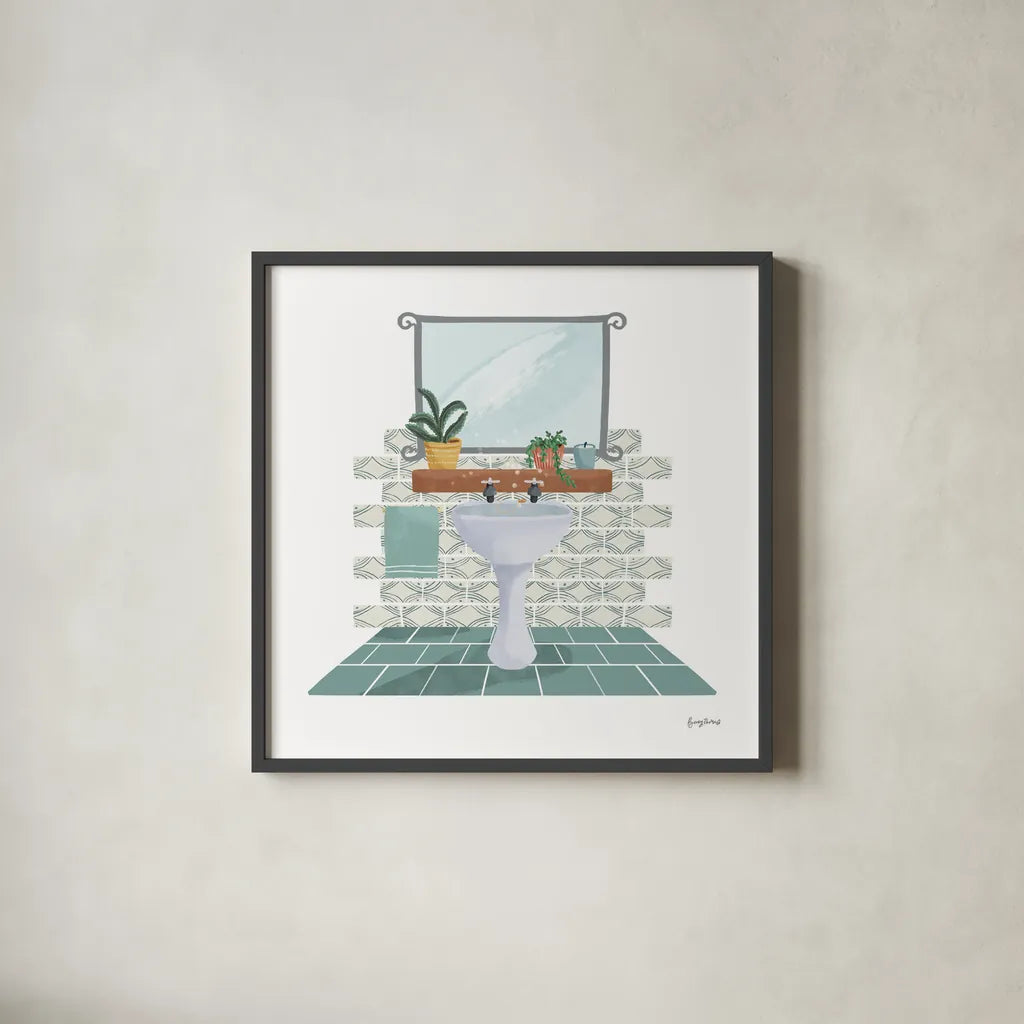 Relaxing Bathroom I by Becky Thorns. Shown in a sleek black glass frame for a contemporary gallery look. Available as an archival giclee rolled canvas, fine art paper, or poster print. SKU 77313a.