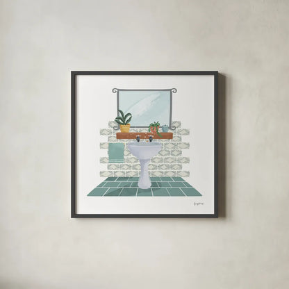 Relaxing Bathroom I by Becky Thorns. Shown in a sleek black glass frame for a contemporary gallery look. Available as an archival giclee rolled canvas, fine art paper, or poster print. SKU 77313a.
