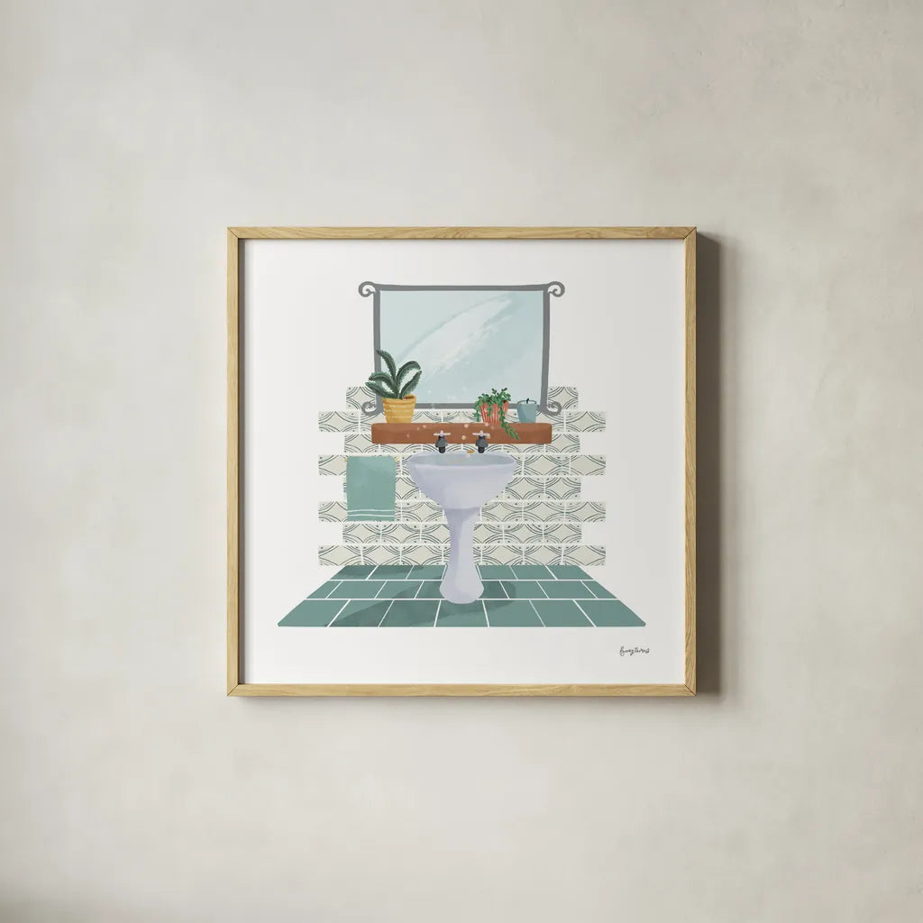 Relaxing Bathroom I by Becky Thorns. Shown in a natural wood glass frame for a timeless modern aesthetic. Available as an archival giclee rolled canvas, fine art paper, or poster print. SKU 77313a.