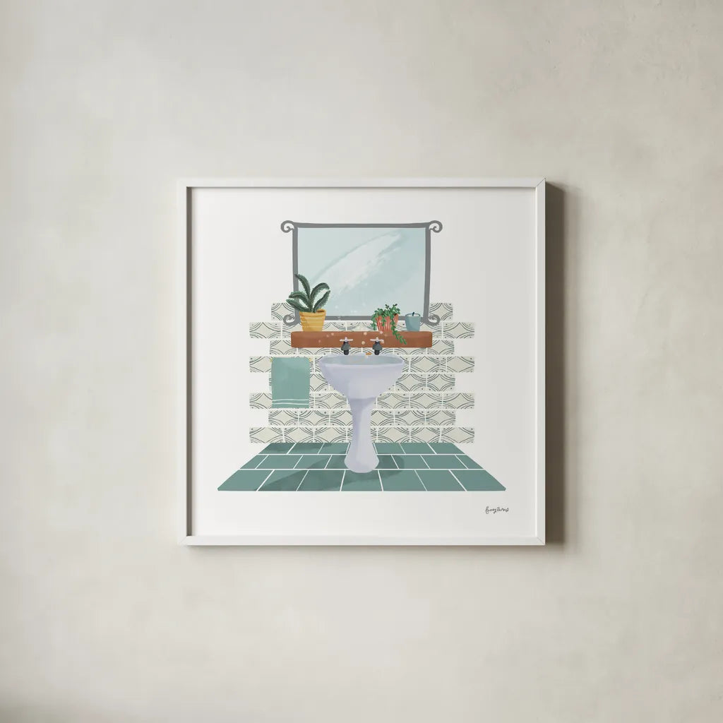 Relaxing Bathroom I by Becky Thorns. Shown in a crisp white glass frame for a clean and minimalist style. Available as an archival giclee rolled canvas, fine art paper, or poster print. SKU 77313a.