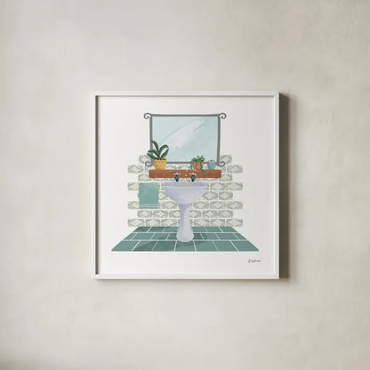 Relaxing Bathroom I by Becky Thorns. Shown in a crisp white glass frame for a clean and minimalist style. Available as an archival giclee rolled canvas, fine art paper, or poster print. SKU 77313a.