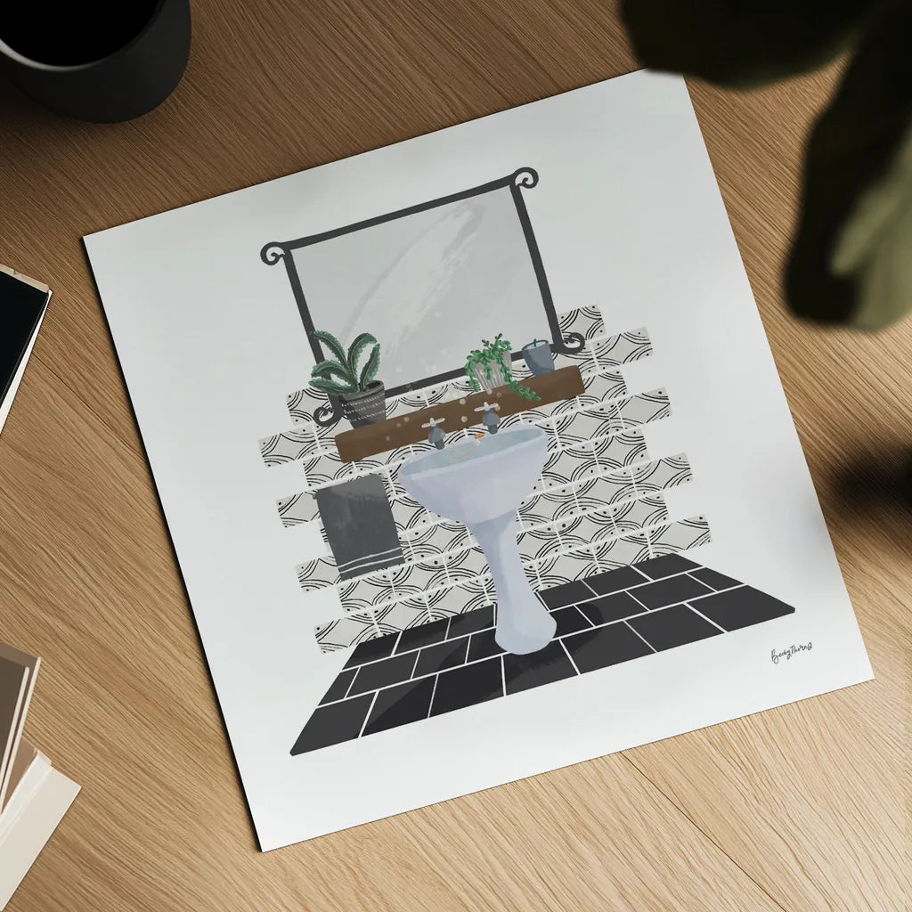 Relaxing Bathroom I Dark by Becky Thorns. Shown as a detailed flat fine art print, highlighting archival giclee quality. Available as an archival giclee rolled canvas, fine art paper, or poster print. SKU 79277a.