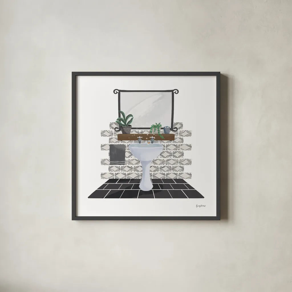 Relaxing Bathroom I Dark by Becky Thorns. Shown in a sleek black glass frame for a contemporary gallery look. Available as an archival giclee rolled canvas, fine art paper, or poster print. SKU 79277a.