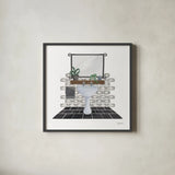 Relaxing Bathroom I Dark by Becky Thorns. Shown in a sleek black glass frame for a contemporary gallery look. Available as an archival giclee rolled canvas, fine art paper, or poster print. SKU 79277a.