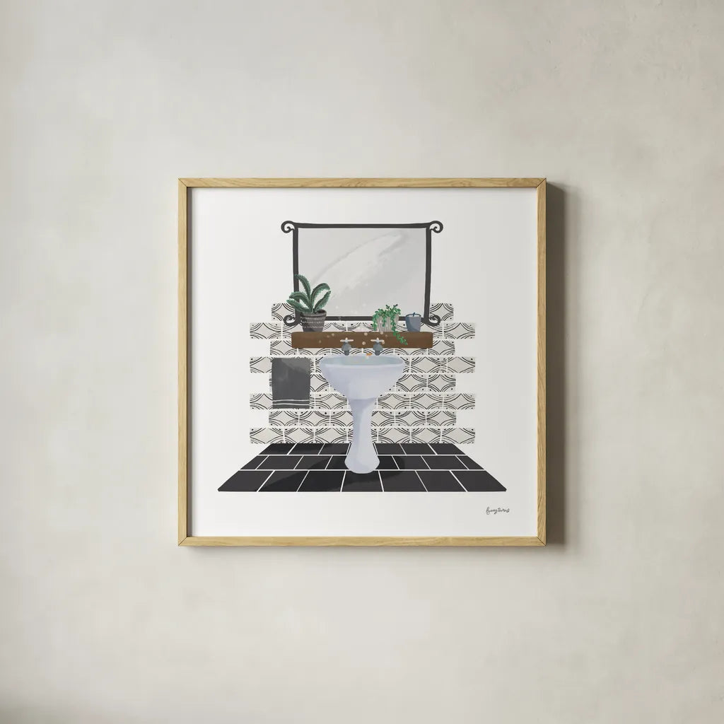 Relaxing Bathroom I Dark by Becky Thorns. Shown in a natural wood glass frame for a timeless modern aesthetic. Available as an archival giclee rolled canvas, fine art paper, or poster print. SKU 79277a.