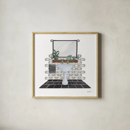 Relaxing Bathroom I Dark by Becky Thorns. Shown in a natural wood glass frame for a timeless modern aesthetic. Available as an archival giclee rolled canvas, fine art paper, or poster print. SKU 79277a.