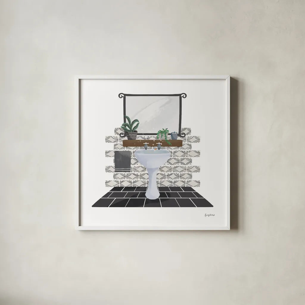 Relaxing Bathroom I Dark by Becky Thorns. Shown in a crisp white glass frame for a clean and minimalist style. Available as an archival giclee rolled canvas, fine art paper, or poster print. SKU 79277a.