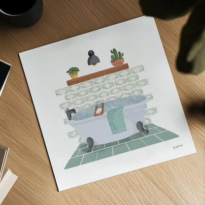 Relaxing Bathroom II by Becky Thorns. Shown as a detailed flat fine art print, highlighting archival giclee quality. Available as an archival giclee rolled canvas, fine art paper, or poster print. SKU 77314a.