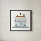 Relaxing Bathroom II by Becky Thorns. Shown in a sleek black glass frame for a contemporary gallery look. Available as an archival giclee rolled canvas, fine art paper, or poster print. SKU 77314a.