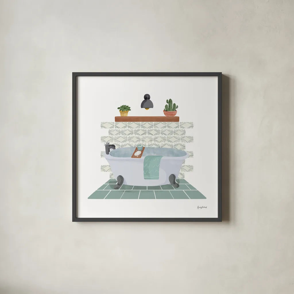 Relaxing Bathroom II by Becky Thorns. Shown in a sleek black glass frame for a contemporary gallery look. Available as an archival giclee rolled canvas, fine art paper, or poster print. SKU 77314a.
