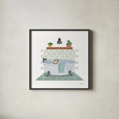 Relaxing Bathroom II by Becky Thorns. Shown in a sleek black glass frame for a contemporary gallery look. Available as an archival giclee rolled canvas, fine art paper, or poster print. SKU 77314a.