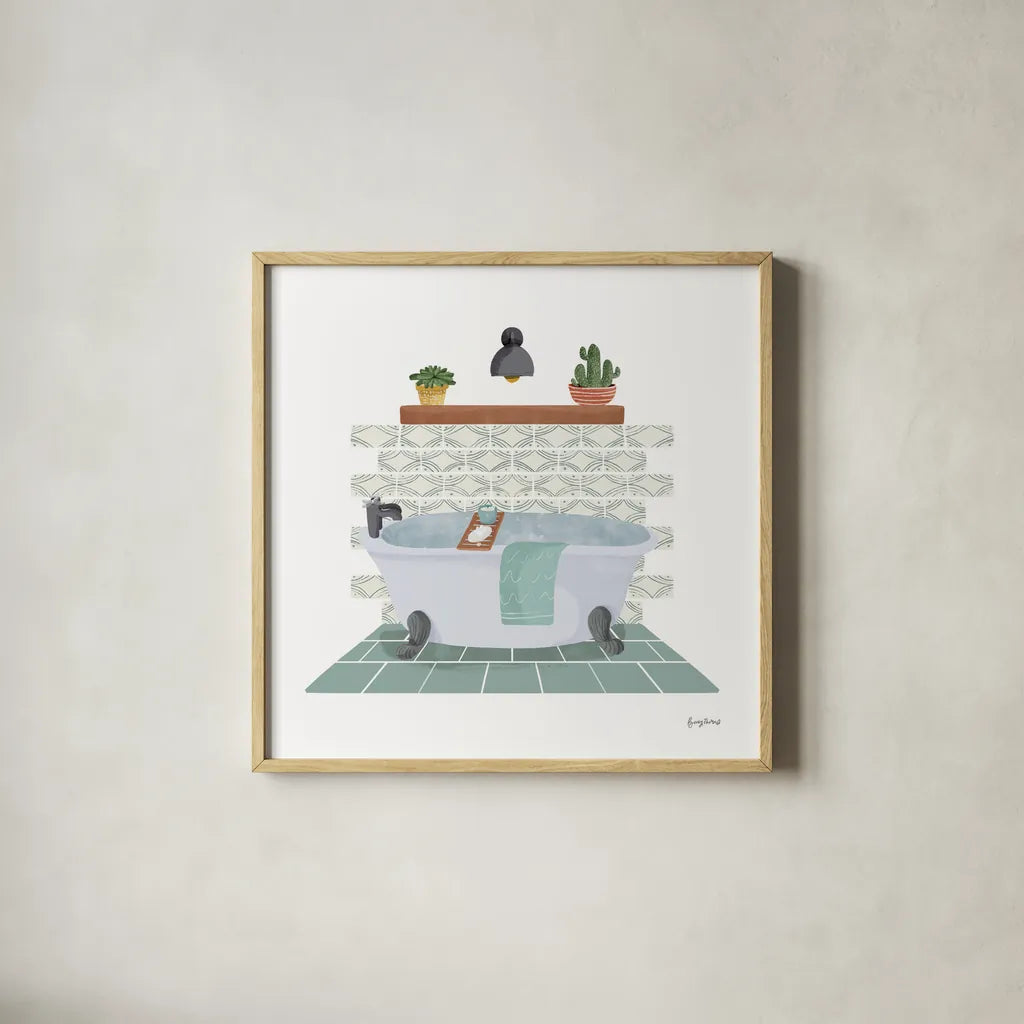 Relaxing Bathroom II by Becky Thorns. Shown in a natural wood glass frame for a timeless modern aesthetic. Available as an archival giclee rolled canvas, fine art paper, or poster print. SKU 77314a.