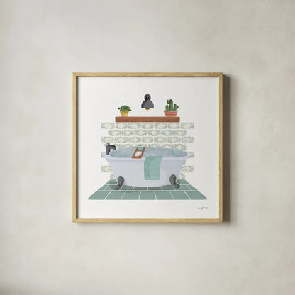 Relaxing Bathroom II by Becky Thorns. Shown in a natural wood glass frame for a timeless modern aesthetic. Available as an archival giclee rolled canvas, fine art paper, or poster print. SKU 77314a.