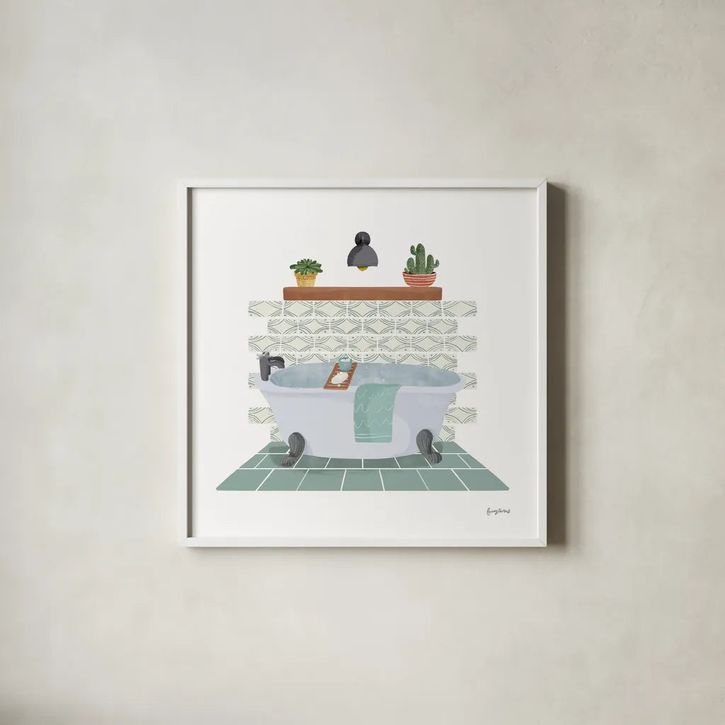 Relaxing Bathroom II by Becky Thorns. Shown in a crisp white glass frame for a clean and minimalist style. Available as an archival giclee rolled canvas, fine art paper, or poster print. SKU 77314a.