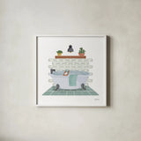 Relaxing Bathroom II by Becky Thorns. Shown in a crisp white glass frame for a clean and minimalist style. Available as an archival giclee rolled canvas, fine art paper, or poster print. SKU 77314a.