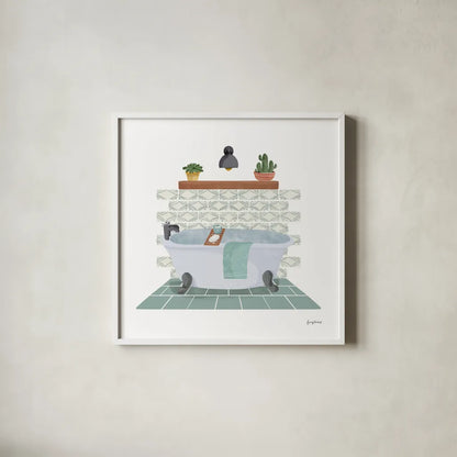 Relaxing Bathroom II by Becky Thorns. Shown in a crisp white glass frame for a clean and minimalist style. Available as an archival giclee rolled canvas, fine art paper, or poster print. SKU 77314a.