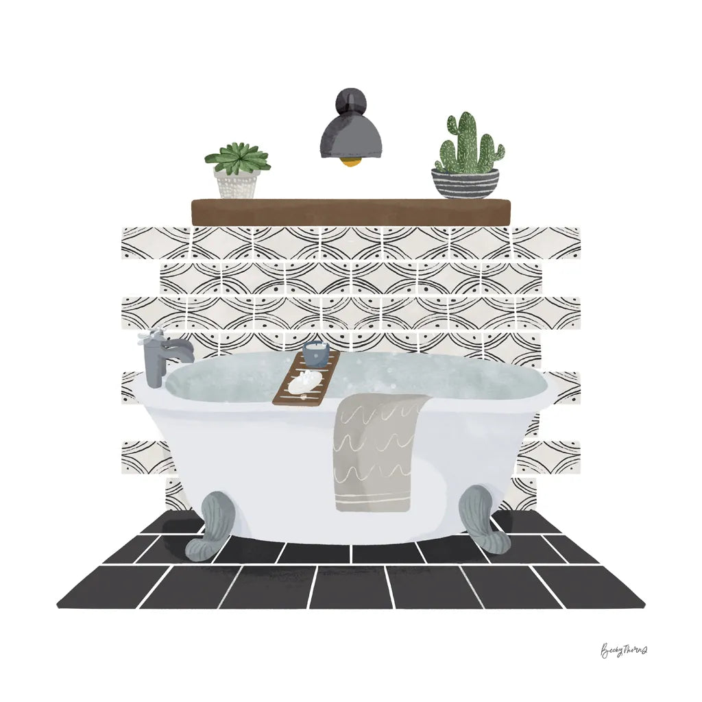 Relaxing Bathroom II Dark by Becky Thorns. SKU 79278a. Archival Giclee Fine art print for wall decor.