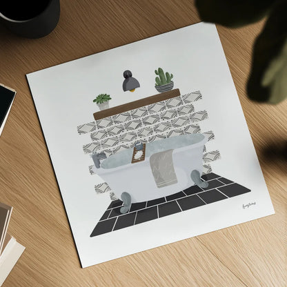Relaxing Bathroom II Dark by Becky Thorns. Shown as a detailed flat fine art print, highlighting archival giclee quality. Available as an archival giclee rolled canvas, fine art paper, or poster print. SKU 79278a.