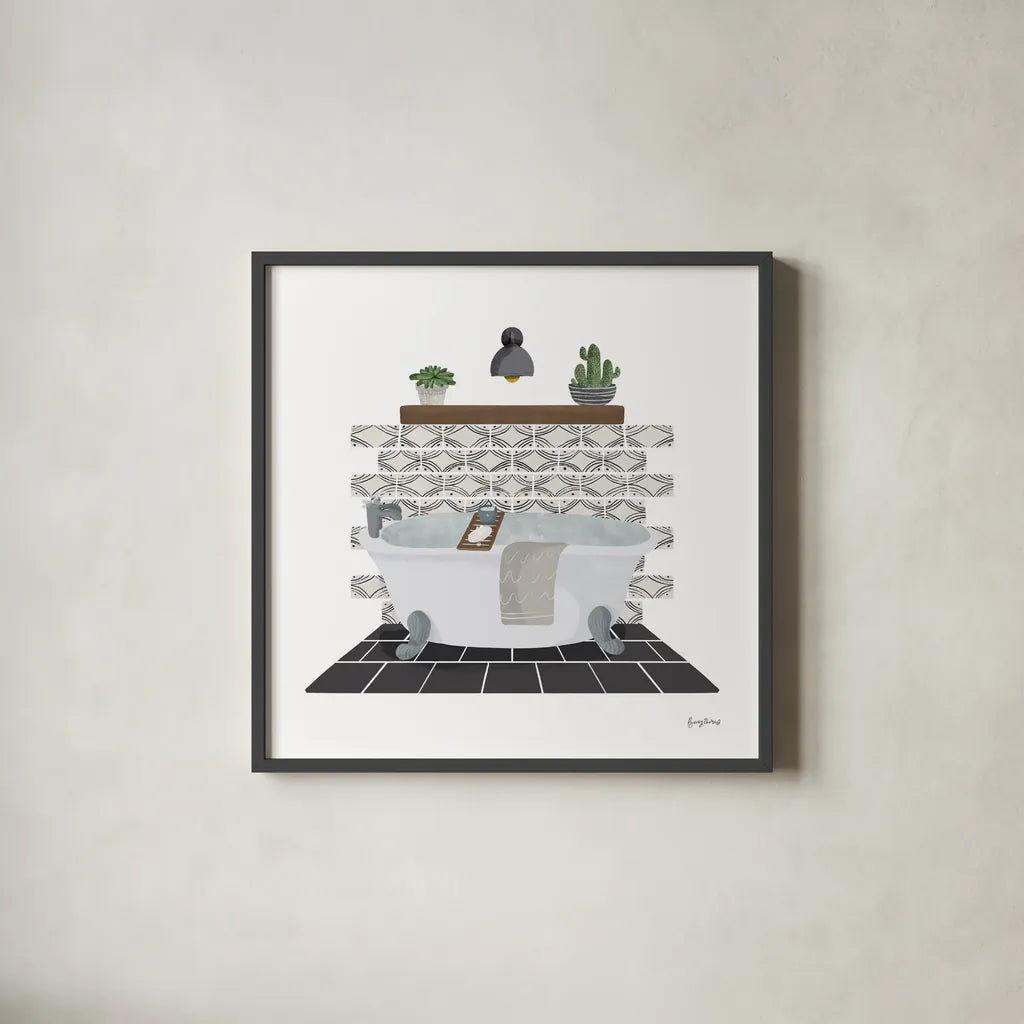 Relaxing Bathroom II Dark by Becky Thorns. Shown in a sleek black glass frame for a contemporary gallery look. Available as an archival giclee rolled canvas, fine art paper, or poster print. SKU 79278a.