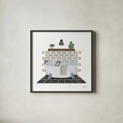 Relaxing Bathroom II Dark by Becky Thorns. Shown in a sleek black glass frame for a contemporary gallery look. Available as an archival giclee rolled canvas, fine art paper, or poster print. SKU 79278a.