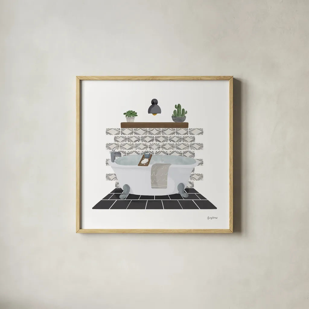 Relaxing Bathroom II Dark by Becky Thorns. Shown in a natural wood glass frame for a timeless modern aesthetic. Available as an archival giclee rolled canvas, fine art paper, or poster print. SKU 79278a.