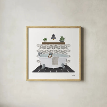 Relaxing Bathroom II Dark by Becky Thorns. Shown in a natural wood glass frame for a timeless modern aesthetic. Available as an archival giclee rolled canvas, fine art paper, or poster print. SKU 79278a.