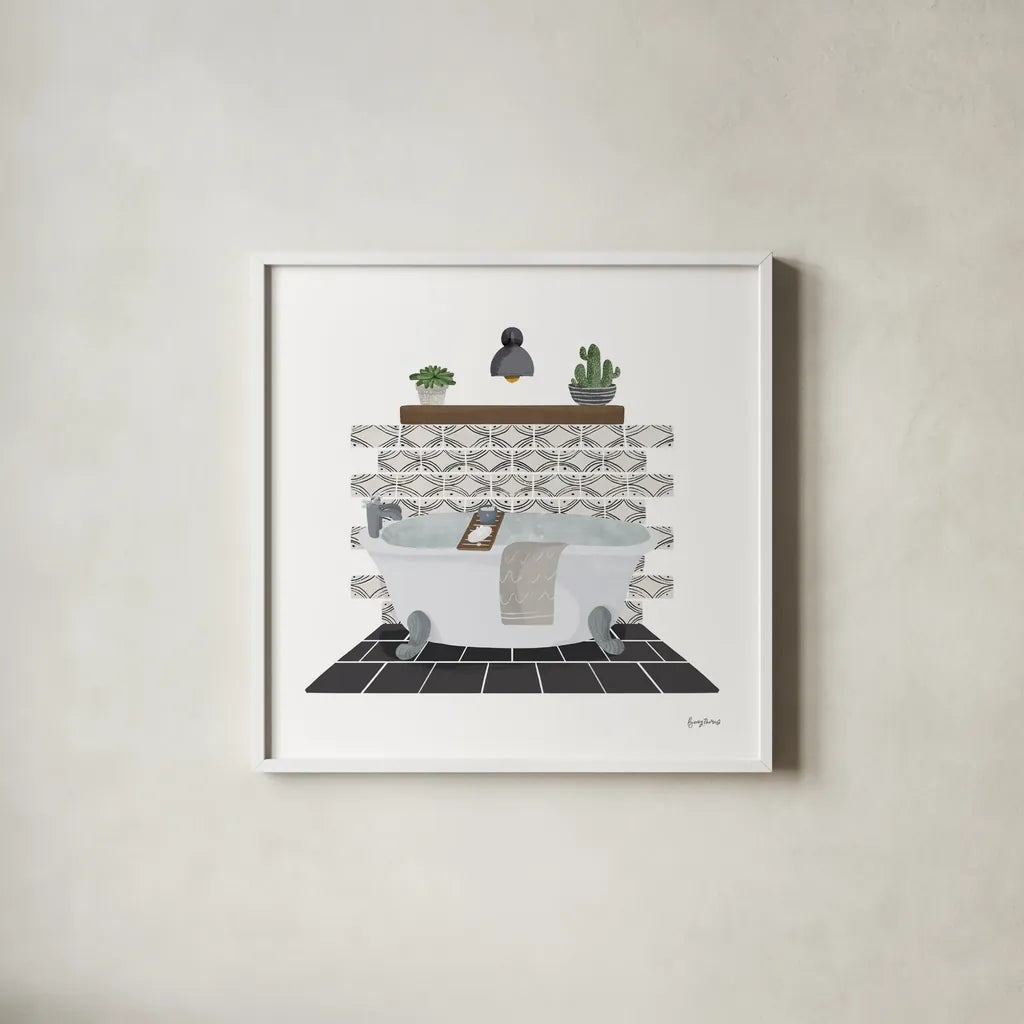 Relaxing Bathroom II Dark by Becky Thorns. Shown in a crisp white glass frame for a clean and minimalist style. Available as an archival giclee rolled canvas, fine art paper, or poster print. SKU 79278a.
